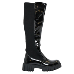 Black Pu Faux Leather Knee High Chunky Boots