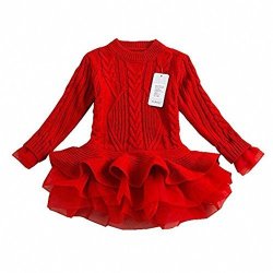 Generic Little Girls' Spring Sweater Jumper Red Clothes Long Sleeves Kids Teens Tutu Dresses 3-4T Red