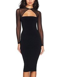 Maketina Women Midi Length Cut Out Keyhole Party Bodycon Bandage Dress With Transparent Long Sleeves Black XL