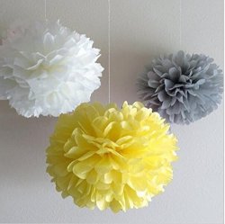 Since 12 Mixed White Gray Yellow Party Tissue Pompoms Paper Flower Pom Poms Wedding Birthday Party Christmas Girls Room Decoration SIC-01702