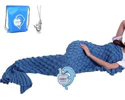 Laghcat Mermaid Tail Blanket With Scale Knit Crochet Mermaid Blanket For Adult Sleeping Blanket 71"X35.5" Lake Blue