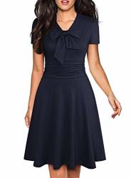 Yathon Dresses For Women Vintage Chic Bow Tie Neck Ruched Short Sleeve Stretchy Swing Wear To Work Swing A-line Business Office Dress L YT006-NAVY