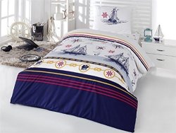 Nautical Bedding Set Single twin Size Quilt duvet Cover Set Anchor Compass Helm Vintage Ship Themed Navy Blue White Made In Turkey Comforter Included 4 Pcs