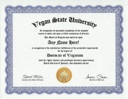 Vegan Veganism Degree: Custom Gag Diploma Doctorate Certificate Funny Customized Joke Gift - Novelty Item