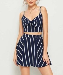 Tie Striped Front Shirred Cami Top & Skirt Set