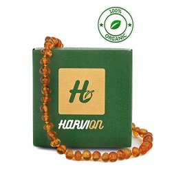 Amber Teething Necklace For Babies By Harvion - Organic Handmade Teething Necklace Made Of Authentic Ukrainian Amber - Anti Inflammatory Drooling & Teething Pain