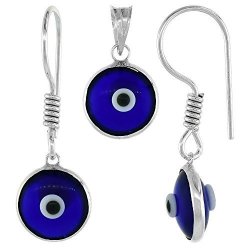 Sterling Silver Evil Eye Pendant & Earrings Set Navy Blue Color