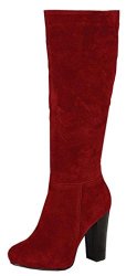 Refresh Women's RINGO-03 Knee High Side Zipper Closure Chunky High Heel Dress Boots 9 B M Us Red