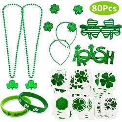 80 Pieces St. Patrick's Day Green Beaded Necklace Shamrock Glasses Irish Eyeglasses Shamrock Irish Wristbands Bracelets Glitter Shamrock Headband Boppers Shamrock Patterned Tattoos
