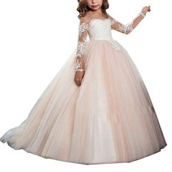 Long Leyidress Sleevees Girl Ball Gown Flower Girl Dress Formal Occasion Applique Kids Dress