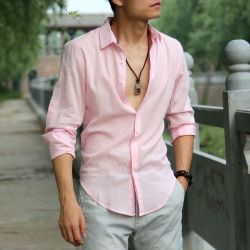 Zecmos Cotton Linen Shirts - Pink S