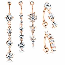 Jstyle 5PCS 14G Stainless Steel Dangle Belly Button Rings For Women Girls Reverse Navel Rings Curved Barbell Cz Body Piercing