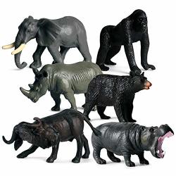 Kolobok - Safari Animal Toys - Black Bear Water Buffalo Elephant Gorilla Panda Hippo Rhino - Educational Toys - 6 Pcs