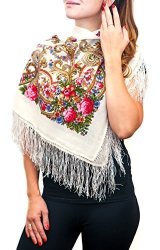 Wool Floral Russian Style Paisley Shawl Wrap Scarf White And Pink