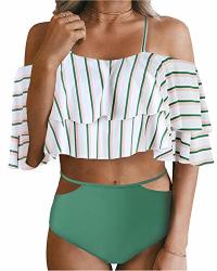 Tempt Me Women Two Piece Swimsuit High Waist Ruffled Bikini Set Green Stripe L