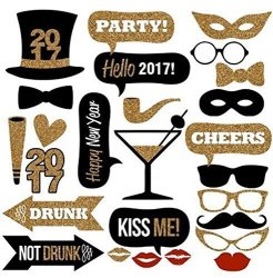 Veewon 2017 New Years Eve Party Photo Booth Props 26PCS Diy Kit Photobooth Prop Card Masks Mustache Hat Red Lips Glasses Decoration