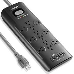 HOLSEM 12 Outlets Surge Protector Power Strip With 3 Smart USB Charging Ports 5V 3.1A And 6' Heavy Duty Extension Cord Black
