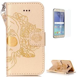 Samsung Galaxy J7 2016 Leather Wallet Case With Free Screen Protector Kasehom Skull Rose Flower Embossed Folio Magnetic Flip Stand Pu Leather Protective Case