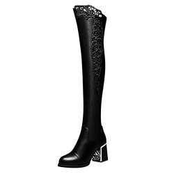 Thenxin Women's Long Boots Block Heel Hollow Out Embroidered Lace Knee High Boots Black 7
