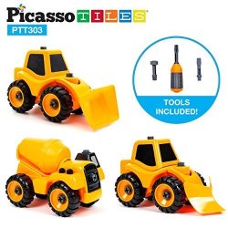 Picassotiles 3-IN-1 Combo Diy Take-a-part Construction Truck Toys Car Set Bulldozer Cement Concrete Mixer And Front Loader Dismantling Toy Building Kit With Child-size Safe