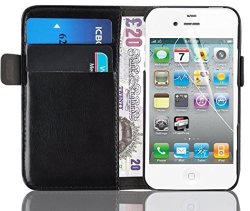 Iphone 4 Case - Luxury Edition Leather Wallet Cover For Iphone 4 4S Black