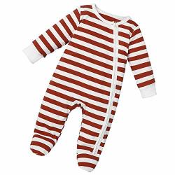 Topseller-hzy Baby Striped Zipper Romper Newborn Long Sleeve Striped Foot Romper Red