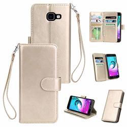 Etbotu Pu Cell Phone Case Protective Leather Wallet Case With Buckle & 9 Card Position & Lanyard & Bracket For Samsung A5 2017 Gold
