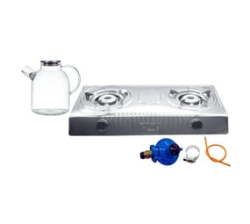 2 Plate Gas Stove With Regulator Hose And 1.5L Glass Kettle