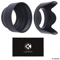Camera Lens Hoods - Rubber Collapsible + Tulip Flower - Set Of 2 - Sun Shade Shield - Reduces Lens Flare And Glare