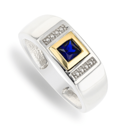 Sterling Silver & 5CT Yellow Gold Created Blue Sapphire Mens Ring