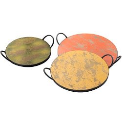 MyGift Decorative Multicolored Rustic Round Wood Serving Trays With Metal Loop Handles Set Of 3