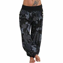 Zefotim Clearance Women Casual Print Pants Wide Leg Pants Loose Pocket Button Harem Pants XL Black