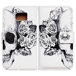Bfun Packing Bcov White Floral Skull Leather Wallet Cover Case For Samsung Galaxy S6 GS6