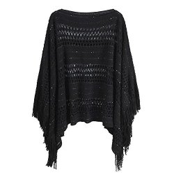Makroyl Women's Crochet Scarf Shawl Wrap Cape Poncho With Tassel Pullover Sweater Black