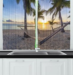 Ambesonne Tropical Decor Kitchen Curtains Paradise Beach With Hammock And Coconut Palm Trees Horizon Coast Vacation Scenery Window Drapes 2 Panels Set For Kitchen