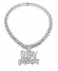 NYFashion101 Stone Stud Glory University Pendant With 11MM 20" Iced Out Cuban Chain Necklace Silver-tone