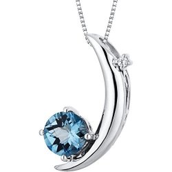 SWISS Blue Topaz Pendant Necklace Sterling Silver 1.00 Carats Crescent Moon Design