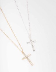 Mixed Metal Diamante Cross Necklace Pack