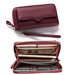 GIFT Women Leather Wallet Fashion Clutch Card Holder Purse Zip Around Multi-functional Handbag Wristlet Strap Front Pocket Smart Phone Wine Red