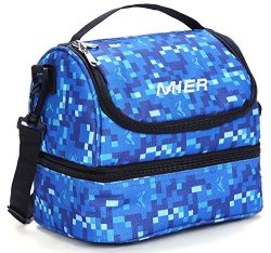 Mier Double Decker Insulated Lunch Box Soft Cooler Bag Thermal Lunch Tote With Shoulder Strap Blue
