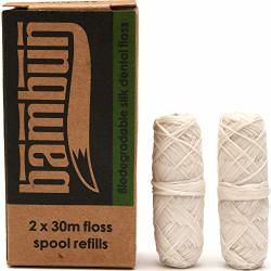 Eco-friendly Biodegradable Natural Silk Dental Floss Refills: Two 30M Floss Spool Refills Plastic Free Packaging