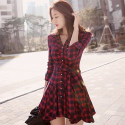 Women's Trendy Red Turn-down Collar Floral Above Knee Long Sleeve A-line Dress - Asian M