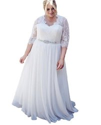 Dumoo Women's Plus Size Chiffon Lace Wedding Dress With Long Sleeves Bridal Gown Beach White 26