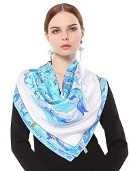 Grace Scarves 100% Silk Scarf With Hand Rolled Edges Large Circle Of Flowers Light Blue
