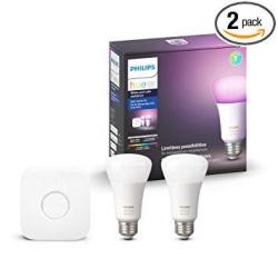 Philips Hue White And Color Ambiance A19 60W Equivalent LED Smart Light Bulb Starter Kit 2 A19 Bulbs And 1 Bridge Works With Alexa