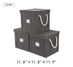 Storage Cube Box With Lid Foldable Basket Organizer Bin With Strong Cotton Rope Handle By Storageworks Dark Brown Bamboo Style Large 11.8"X11.8"X11.9" 3-PACK