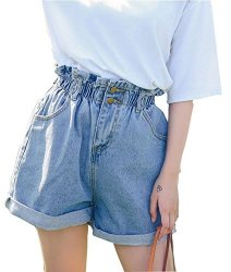 Plaid&plain Women's High Waisted Denim Shorts Rolled Blue Jean Shorts Light Blue XL