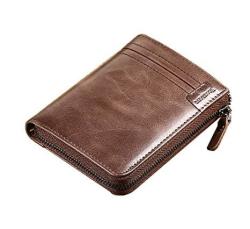Leather Men's Wallet Vintage Cowhide Genuine Mens Wallet With Zipper Coin Pocket Coffee