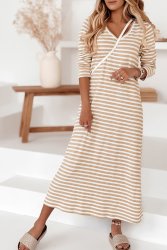 Khaki Striped V-neck Long Sleeve Casual Dress - XL SA40 UK16