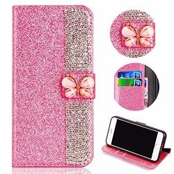Shinyzone Card Slots Magnetic Flip Wallet Case For Samsung Galaxy J4 Plus 3D Butterfly Buckle Sparkle Crystal Diamond Billfold Glitter Pu Leather Flip Cover Pink